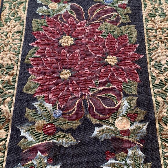 Vintage Tapestry Style Table Runner w/Burgundy Poinsettias & Holly Berri… - Picture 3 of 13